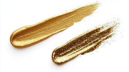 Fototapeta premium Two elegant swatches of gold paint, showcasing different textures and finishes against a clean white background.