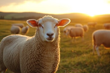 A serene sheep gazes at the camera with a backdrop of a glowing sunset, amidst other sheep grazing in the expansive, tranquil field of a pastoral landscape.