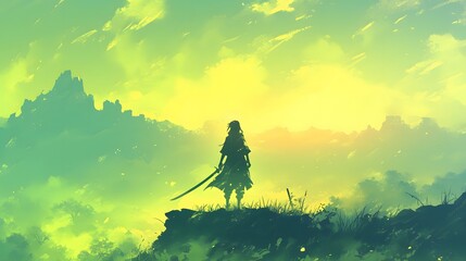 Silhouette of anime warrior on green hill with sword, mystical atmosphere
