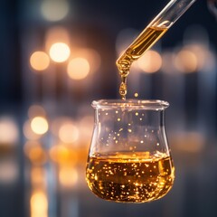 A pipette drips golden liquid into a beaker, with sparkling bubbles against a blurred background of glowing lights.