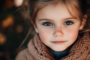 A little girl with striking blue eyes and an innocent, natural glow, wearing a cozy knitted sweater, exuding purity and warmth in an outdoor setting.
