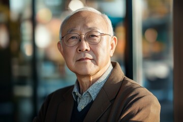 Fototapeta premium An elderly man wearing glasses, exuding wisdom and calmness, reflecting thoughtfully in natural light, dressed in a brown coat and checked shirt.