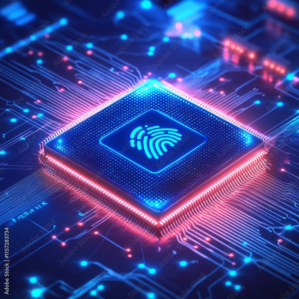Poster futuristic microchip with fingerprint scanner on a glowing circuit board highlighting advanced techn