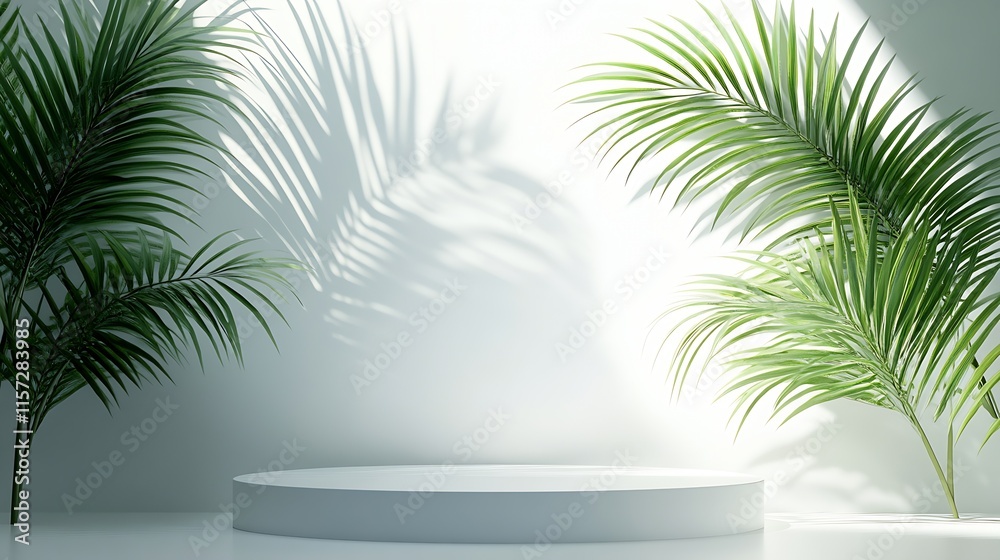 Poster Sunlit White Platform with Vibrant Green Palm Leaves Shadows on Wall : Generative AI