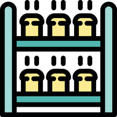 Warm loaves of bread cooling on a two tiered metal rack, emitting steam in a bakery setting