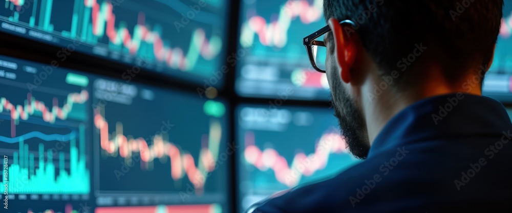 Poster man in office analyses financial charts on multiple screens. pro investor scrutinizes stock market d