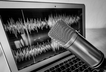 Professional microphone and sound wave form on laptop screen