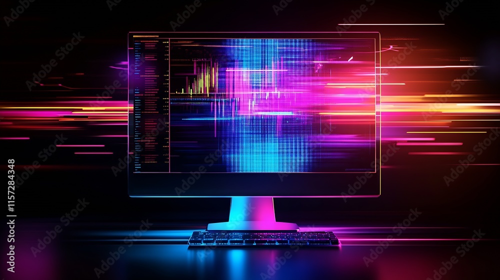 Aufkleber Futuristic Computer Monitor Displaying Colorful Data Visualizations on Dark Background : Generative AI