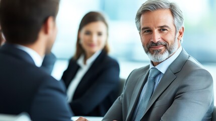 Fototapeta premium A professional meeting scene featuring a smiling man in a suit, engaged in conversation with colleagues, showcasing teamwork and confidence.