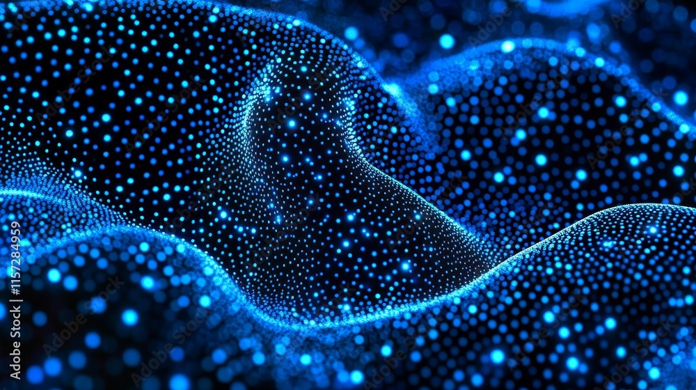 Poster illuminated blue particles create a wave-like pattern in an abstract digital landscape during a nigh