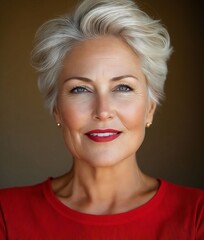 Naklejka premium A woman with short white hair and a red top
