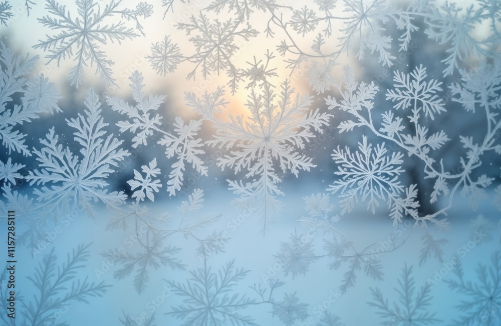 Poster Frost patterns create intricate leaf-like designs on windowpane. Winter scenery visible through frosty window. Beautiful ice crystals form winter landscape. Photo shows frost patterns on window in