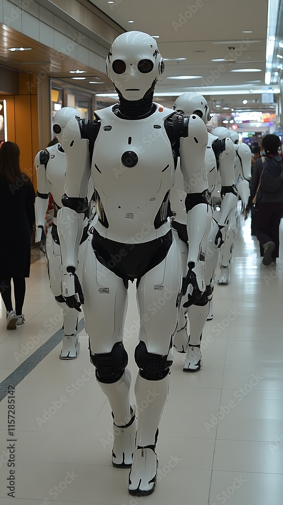 Poster Futuristic Robots Walking in Shopping Mall Displaying Advanced Technology : Generative AI