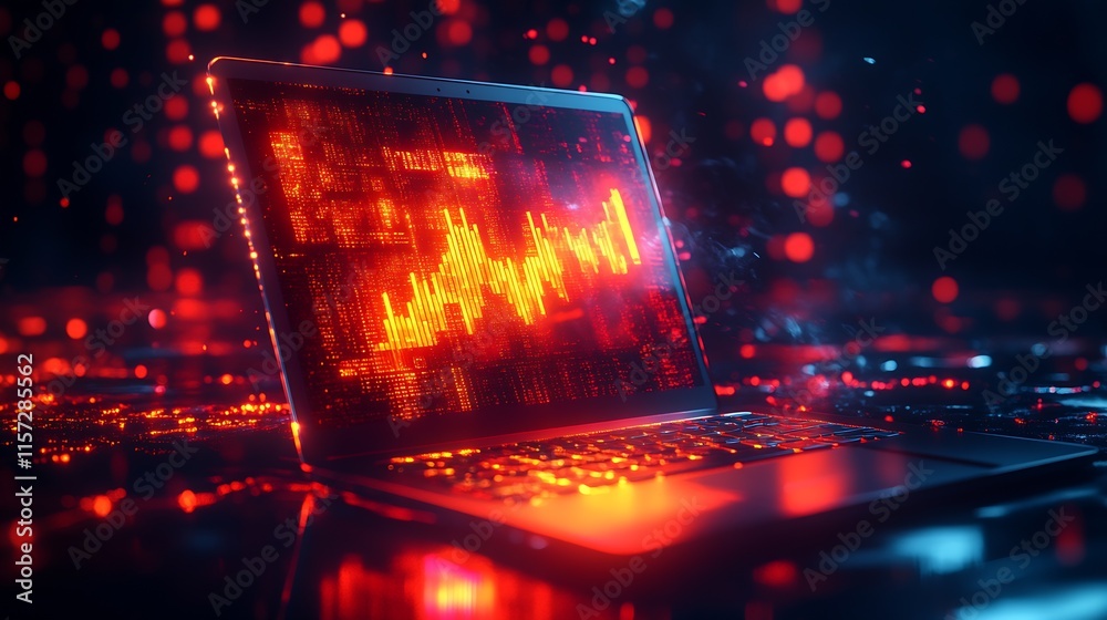 Aufkleber Futuristic laptop with glowing red data visualization representing cybersecurity and digital analytics : Generative AI