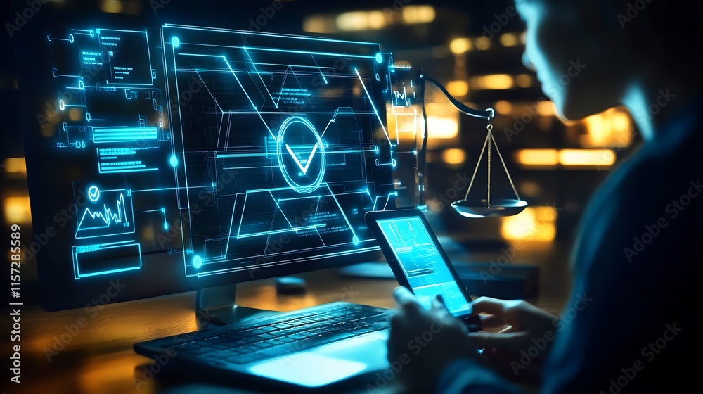 Poster Futuristic Digital Interface with Cyber Security Elements and Scales of Justice : Generative AI