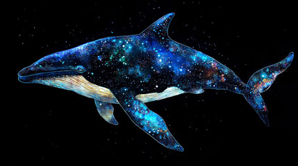 Fototapeta premium cosmic themed illustration of whale, blending celestial patterns and vibrant colors, swimming gracefully against dark background, evoking sense of wonder and mystery