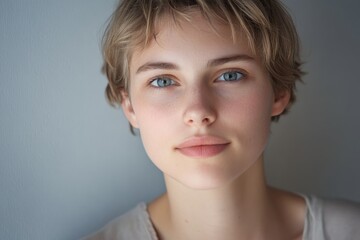 A serene woman with short hair gazes with calm confidence, against a soft backdrop, embodying simplicity and grace in contemporary, minimalistic style.