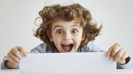 Excited Young Girl Holding Blank White Paper with Enthusiastic Expression : Generative AI