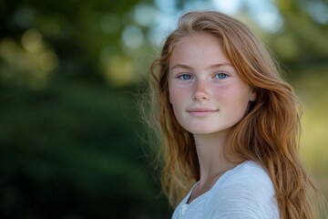 A red-haired girl with freckles stands in the natural sunlight, her expression reflecting youthful innocence and joy in a serene, outdoor rural setting.