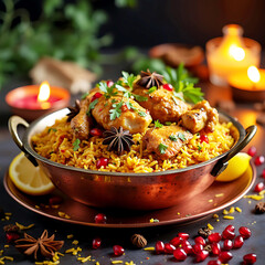 AI generated bowl of spicy chicken biryani with lemon on Ramadan.