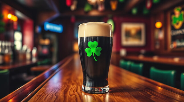 Pint of stout beer with shamrock decoration on a wooden bar in a festive St. Patrick's Day setting
