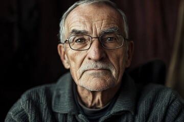 Obraz premium A dignified elderly man with glasses and a contemplative expression, his face lined with experience, sits in soft light, embodying wisdom and reflection in serene ambiance.