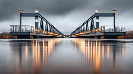 stunning industrial photo of gleaming steel bridge reflecting in water