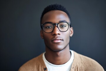 Obraz premium A modern portrait of a confident man, wearing stylish glasses and a brown cardigan, gazing intently at the camera with an expression of poise and thoughtfulness.