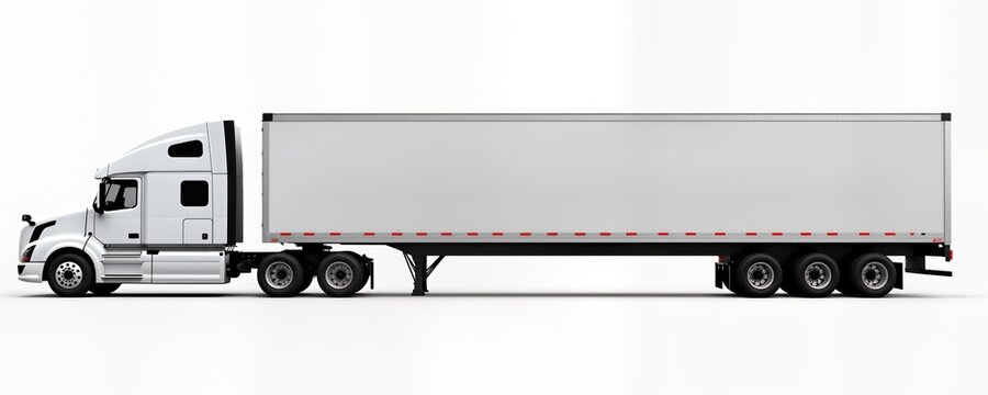 White semi truck side view on transparent background. Empty cargo trailer for commercial transport. Modern vehicle for logistic industry. Ideal for import export business. Heavy duty transportation.