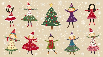 Joyful Christmas Girls Festive Outfits Winter Wonderland Scene