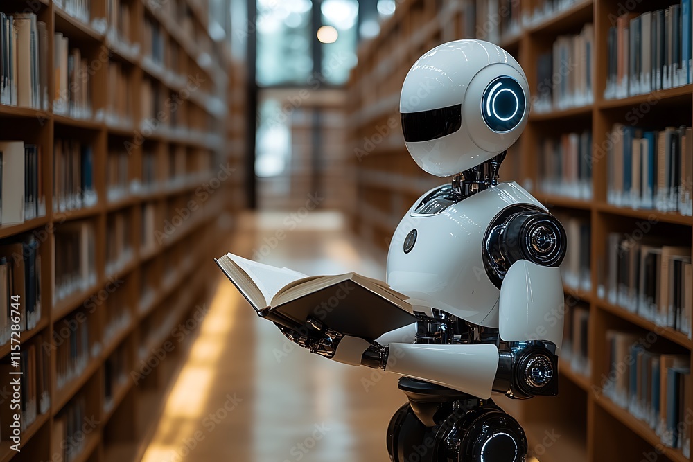 Poster High Tech Robot Reading in Modern Library Representing AI Learning and Knowledge Acquisition : Generative AI