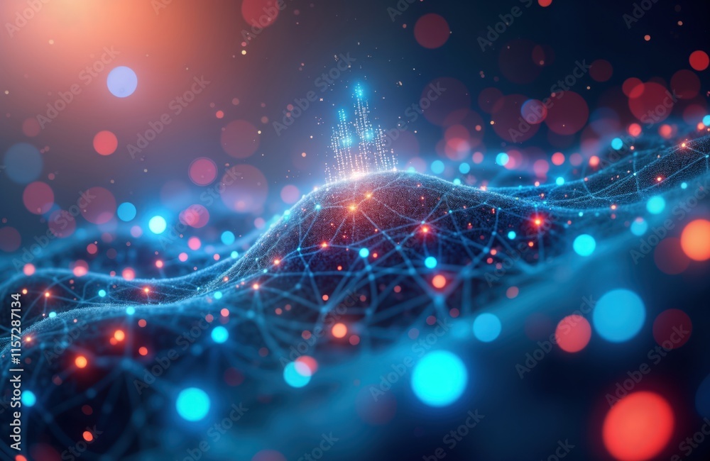 Poster Abstract digital illustration shows global network connections. Futuristic cityscape icon sits atop undulating data waves. Dynamic graphic shows interconnected network nodes with vibrant colors.