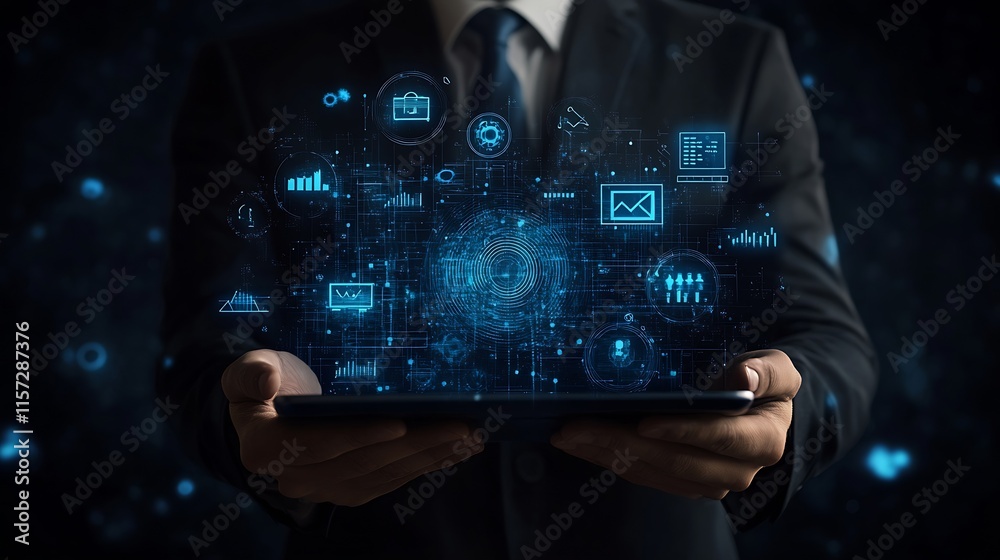 Poster Futuristic business digital interface holograms on tablet held by businessman : Generative AI