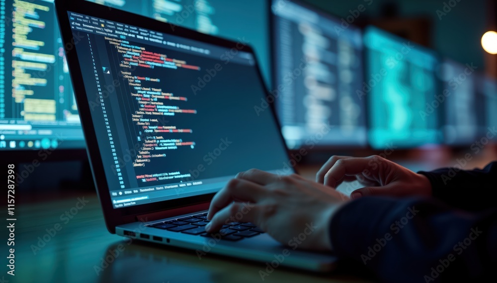 Aufkleber Programmer works hard on laptop with javascript code. Many screens show complex data. Person types on laptop keyboard. Focused work in tech environment. Advanced tech development. Concentrated
