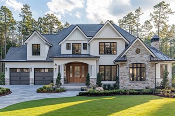 New luxury coastal home in Be Ryder, South Carolina, front view of two-story white craftsman house with stone and wood accents, wraparound porch, pine trees, and grassy yard.