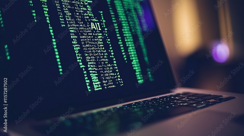 Aufkleber Digital Security with Programming Code on Laptop Display at Night : Generative AI