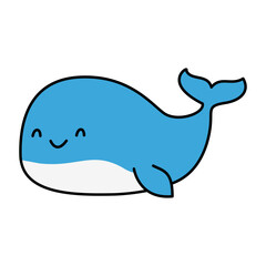 Simple, blue cartoon whale is smiling and swimming in the ocean.