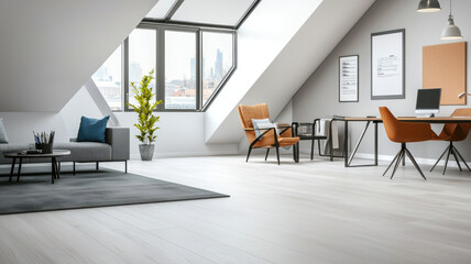 Fototapeta premium Modern attic space with organized furniture and large windows