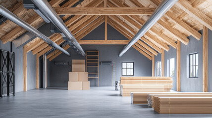 Fototapeta premium Spacious attic with wooden beams, organized storage, and metallic insulation