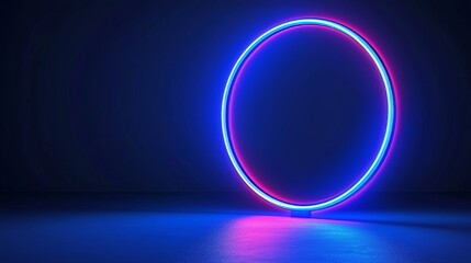 Fototapeta premium An abstract blue tunnel with a neon glow. In the center, a neon circle light arch shines with rays and smoke. The background is an abstract blue with rays and neon accents.