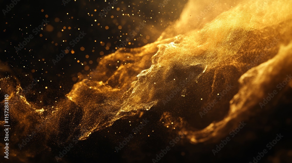 Poster golden particles swirl in a mesmerizing display, creating an ethereal atmosphere filled with light a