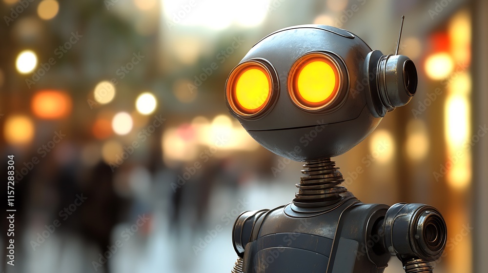 Aufkleber Charming Futuristic Robot Character in a Shopping Mall Setting with Glowing Eyes : Generative AI