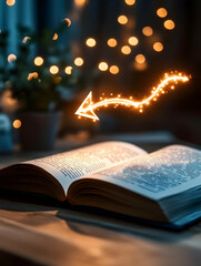 Glowing arrow pointing to open book on wooden table with bokeh lights.