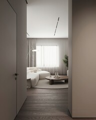 Classic contemporary living room with kitchen and dining room. Luxurious apartment background with contemporary design. Modern interior design. 3D render, 3D illustration.