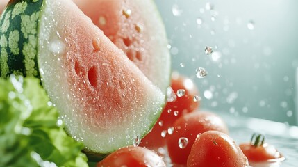 Fototapeta premium Fresh watermelon slices and ripe tomatoes sparkle with droplets, highlighting nature's vibrant bounty in the spring season