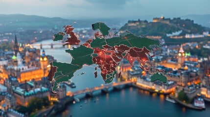 3D world map overlaying Edinburgh cityscape at night.