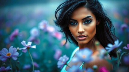 Portrait of a Beautiful Woman with Dark Hair in a Flower Field, Cool-Toned Blues and Purples, Soft Focus, Olive Skin, Impressionistic Style
