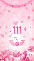 Celebration of Love and Joy With Pink Hearts and Decorative Gifts in a Festive Atmosphere, Highlighting the Number 111 as a Symbol of Positivity