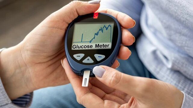Blood Sugar Testing A closeup image of a persons hand holding a glucose meter with the display indicating a fluctuating number symbolizing the importance of monitoring glucose.