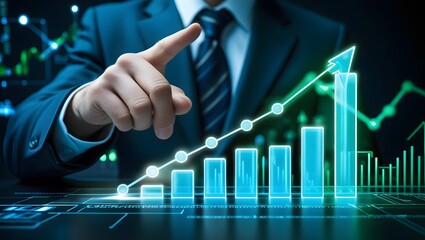 Business Professional Pointing at Upward Trending 3D Holographic Graph with Futuristic Digital Background